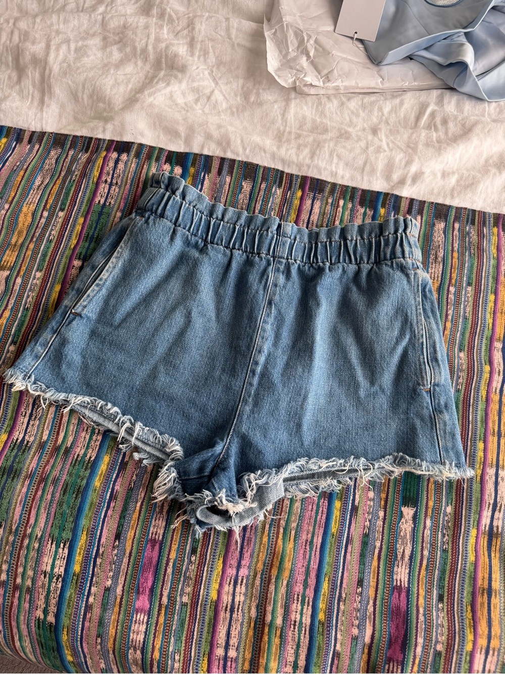 BDG Light Blue Elastic Waist Denim Shorts with Frayed Hem